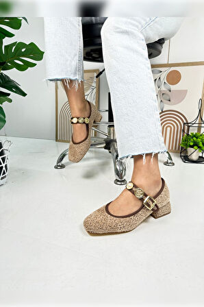 Günlük Babet İnci Bantlı Topuklu Ayarlanabilir Tokalı Oval Burunlu Hafif Rahat Ayakkabı 381