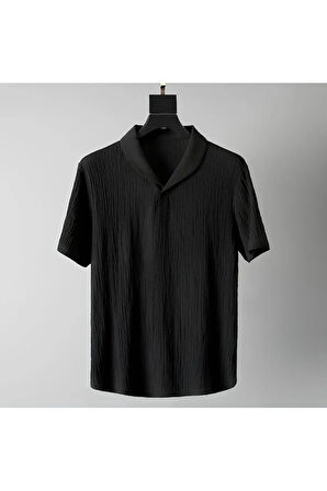 Alaçatı Stili Erkek Bürümcük Krinkıl Kumaş Yazlık Likralı Polo Yaka Tshirt ve Eşofman Takım kombini