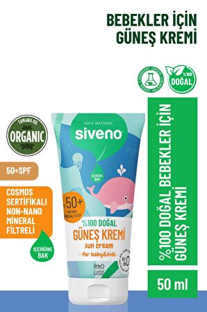 Siveno %100 Doğal Bebek Güneş Kremi Leke Karşıtı Antioksidan Nemlendirici Bitkisel Vegan UVA UVB SPF 50+ 50 ml