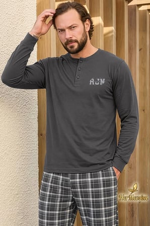 Aydoğan Erkek Pijama Takımı %100 Pamuk Süprem Patlı Yaka Uzun Kol Koyu Gri Tuna 260537