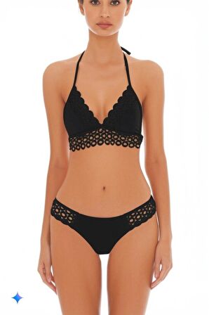 Siyah Halka Örgü Detaylı Üçgen Bikini Takımı