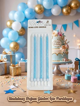 AvcıPartiDünyası Rima Life Mavi Simli Uzun Pasta Mumu 6'lı Paket