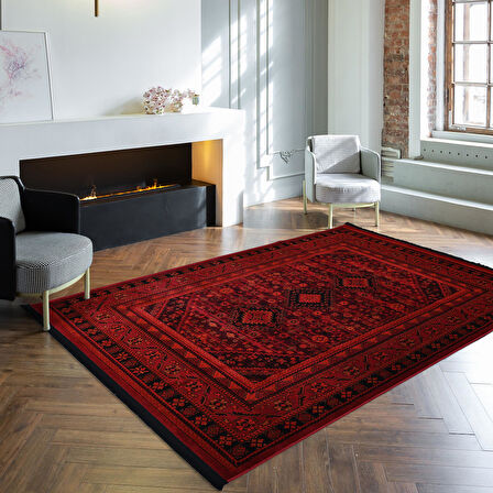 Afgan Türkmen Otantik Desenli Dokuma Kırmızı Oturma Odası Salon Mutfak Halısı Yolluk X380A 