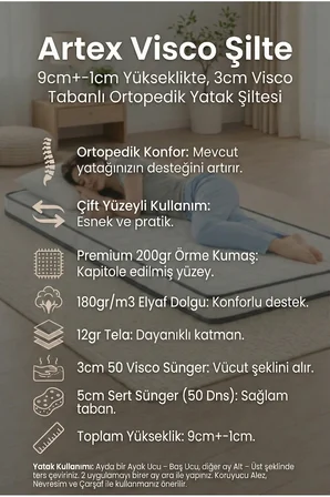Artex Sünger Şilte 120x200 Yer Yatağı 9 +-1cm Cm Ped Yatak Şiltesi Pedi Topper Mattress