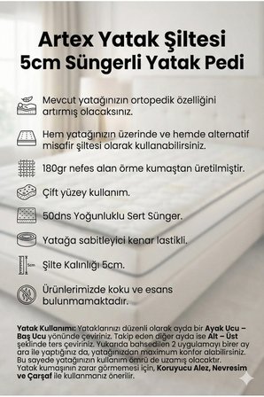 Artex Cotton 5cm Sünger Şilte 100x200 Ped Yatak Şiltesi Pedi Topper Katlanabilir Katlanır