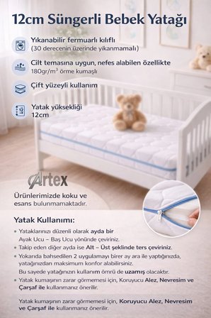 Artex 12Cm Nano Süngerli Bebek Çocuk Beşik Yatağı 60x120 Yıkanabilir Kılıflı Park Yatak Oyun Parkı