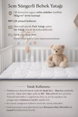 Artex 5Cm Cotton Süngerli Bebek Çocuk Beşik Yatağı 60x120 Park Yatak Oyun Parkı Yatağı