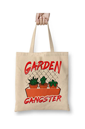 Cute & Funny Garden Gangster Planting Pun Bez Çanta Uzun Saplı Alışveriş Çantası