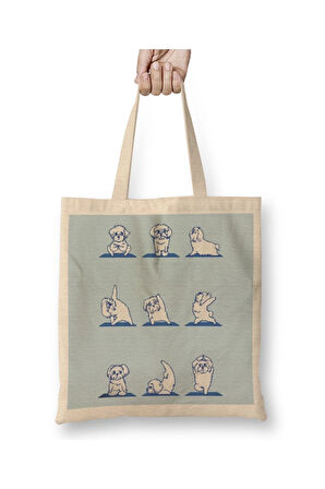 Maltese Yoga Dog 2 Beyaz Bez Çanta Uzun Saplı Alışveriş Çantası Plaj Çantası