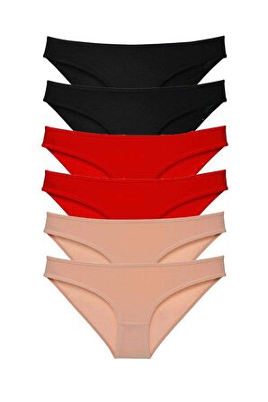 6 adet Süper Eko Set Likralı Kadın Slip Külot Siyah Kırmızı Ten