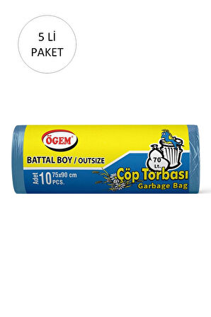 Battal Boy Çöp Torbası 75 x 90 cm 10 Lu Rulo x 5 Paket = 50 Adet (Mavi)