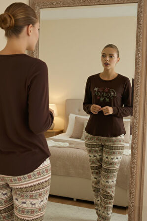 Kadın Bisiklet Yaka Düğmesiz Bilekler Lastikli/Jogger Yumuşak Termal Kışlık Pijama Takımı