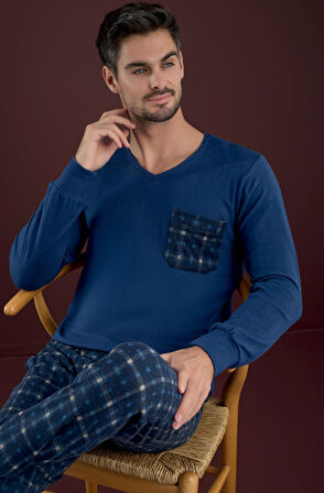 Erkek V Yaka Düğmesiz Göğüs Cepli Yumuşak Termal Bilek Manşetli Kışlık Uzun Kol Cepli Pijama Takımı 