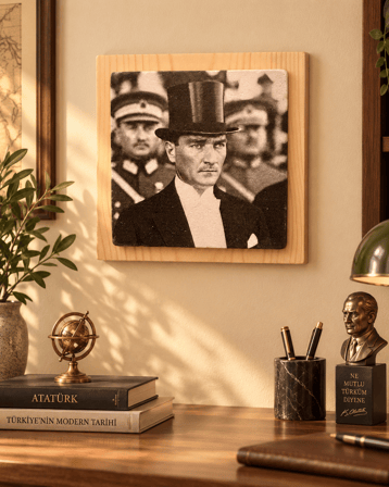 Ceren Wooden Atatürk Portreli Mermer Dekoratif Tablo 12.5x12.5 cm Masaüstü ve Duvar