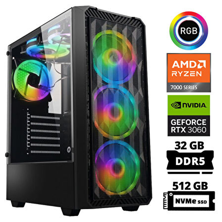 Xaser Delux X39 Ryzen 5 7500F 32GB DDR5 Ram 512GB M.2 NVMe SSD 12GB RTX3060 Masaüstü Oyuncu Bilgisayarı