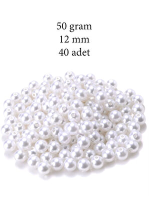 50 gram 12mm Beyaz Renk Plastik İnci Boncuk Çanta ve Takı Yapım Boncuğu (~40 adet)