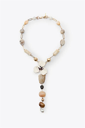 Taşlı Çiçek Kolye - Altın