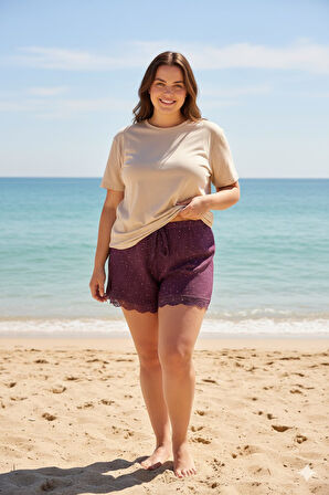 Düz Renk Mini Çiçek Desenli Penye Kadın Ev Şortu Bacak Dantel Detaylı Ev Giyim Gül Kurusu