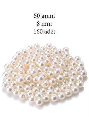 50 gram 8mm Krem Renk Plastik İnci Boncuk Çanta ve Takı Yapım Boncuğu (~160 adet)