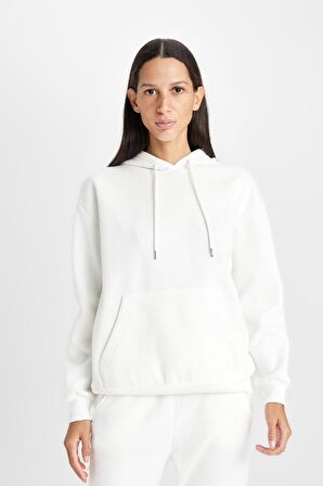 DeFacto Relax Fit Kapüşonlu Kanguru Cepli Kalın Basic Düz Sweatshirt W1240AZ24WNER105