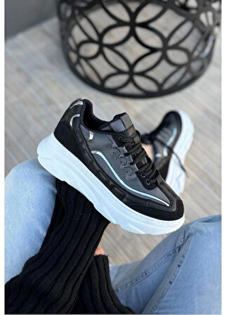 Siyah Renk, Süet, Gri Detaylı, Hafif, Ortapedik Taban, Kadın Spor, Yüksek Taban Ayakkabı, Sneaker Tarzkea