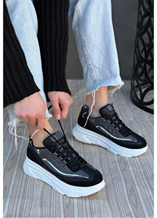 Siyah Renk, Süet, Gri Detaylı, Hafif, Ortapedik Taban, Kadın Spor, Yüksek Taban Ayakkabı, Sneaker Tarzkea