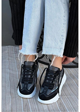 Siyah Renk, Süet, Gri Detaylı, Hafif, Ortapedik Taban, Kadın Spor, Yüksek Taban Ayakkabı, Sneaker Tarzkea