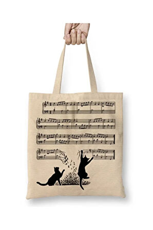 Yaramaz Komik Müzik Notalı Kedi Cat Beyaz Bez Çanta Uzun Saplı Alışveriş Çantası Plaj Çantası