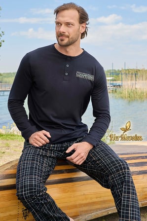 Aydoğan Erkek Pijama Takımı %100 Pamuk Süprem Patlı Yaka Uzun Kol Lacivert Tuna 3461