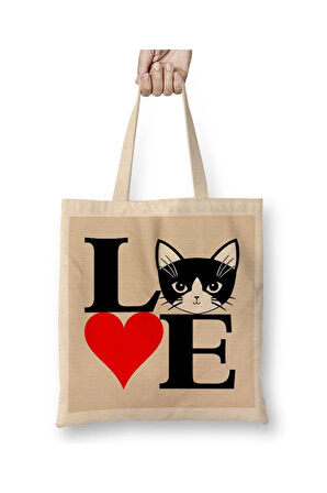 I Love Kedi Seni Seviyorum Kedi Cats Beyaz Bez Çanta Uzun Saplı Alışveriş Çantası Plaj Çantası