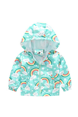 Petityu Gökkuşağı Camgöbeği Çocuk Yağmurluk Rüzgar Su Geçirmez Fermuarlı Kapüşonlu İncecik Mont Ceket 2-3 Yaş