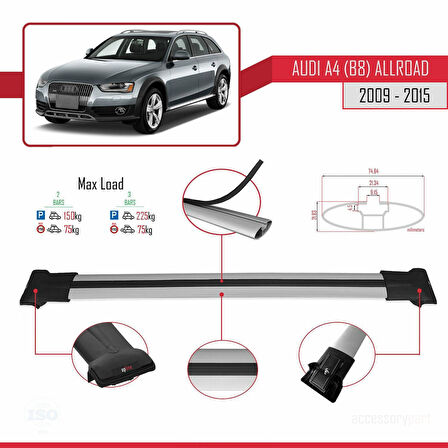 A4 (B8) Allroad 2009-2015 Arası ile Uyumlu FLY Model Ara Atkı Tavan Barı Gri 2 Adet