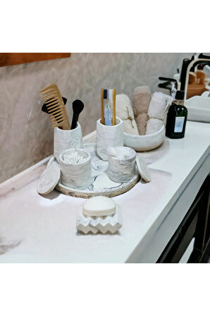 Marble Serisi Tepsili Beton Banyo Seti,Pamukluk,Havluluk ve Sabunluk Seti