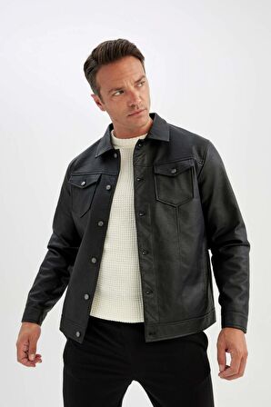 DeFacto Slim Fit Gömlek Yaka Suni Deri Ceket Mont C4861AX24WNBK27