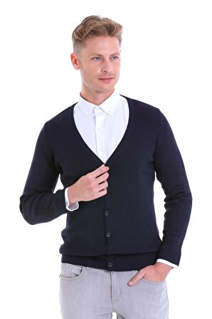 Lacivert V Yaka Regular Fit Yünlü Triko Hırka | S