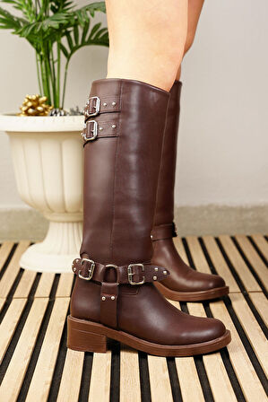 Günlük Kadın Çizme Kalın Tırtıklı Taban Fermuarsız Toka Detaylı Oval Burunlu Esnek Rahat 385