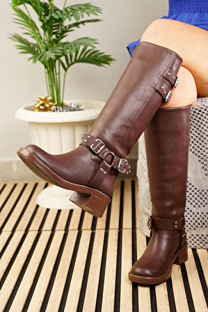 Günlük Kadın Çizme Kalın Tırtıklı Taban Fermuarsız Toka Detaylı Oval Burunlu Esnek Rahat 385