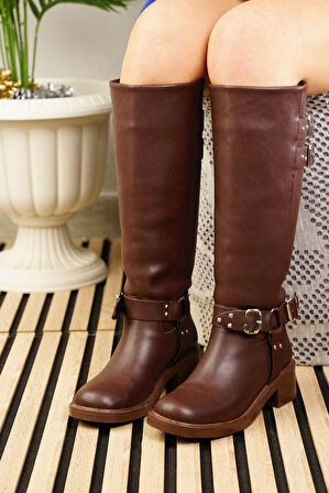 Günlük Kadın Çizme Kalın Tırtıklı Taban Fermuarsız Toka Detaylı Oval Burunlu Esnek Rahat 385