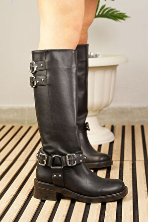 Günlük Kadın Çizme Kalın Tırtıklı Taban Fermuarsız Toka Detaylı Oval Burunlu Esnek Rahat 385