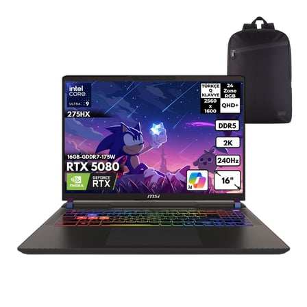 MSI VECTOR 16 HX AI Ultra 9-275HX 48 -GBDDR5 1 TBSSD RTX5080 (16 GB-GDDR7-175W) 16" 2K QHD+ Windows 11 Home + HMF Sırt Çantası A2XWIG-090XTRHMF34
