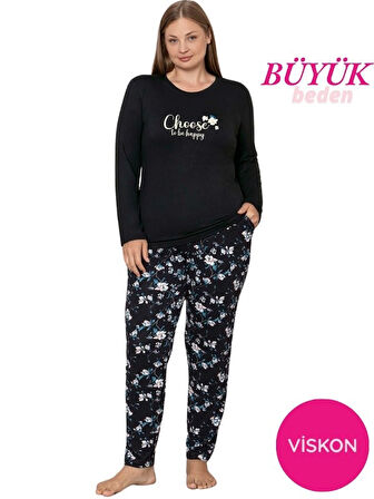 Kadın Bisiklet Yaka Düğmesiz Dökümlü Viskon Mevsimlik Uzun Kol Cepli Pijama Takımı