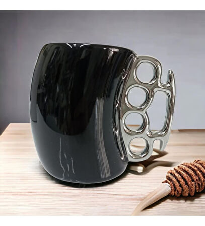 Porselen Beş Parmak Tasarımlı Siyah Kupa Bardak – Metalik Kulp Detaylı