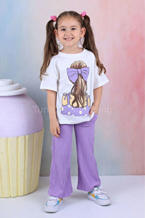 İspanyol Paça Fitilli Tayt Oversize Baskılı T-shirt Kız Çocuk Takım (QOxtr5yAbV)