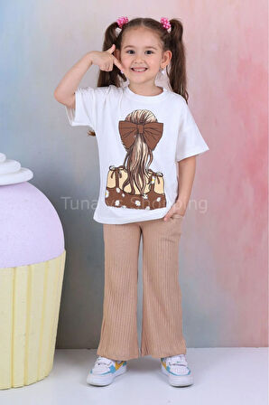 İspanyol Paça Fitilli Tayt Oversize Baskılı T-shirt Kız Çocuk Takım (QOxtr5yAbV)