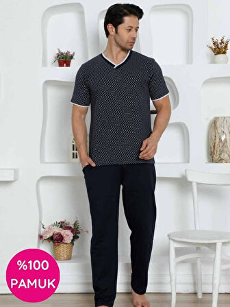 Erkek Desenli V Yaka Düğmesiz %100 Pamuk Kısa Kol Cepli Pijama Takımı