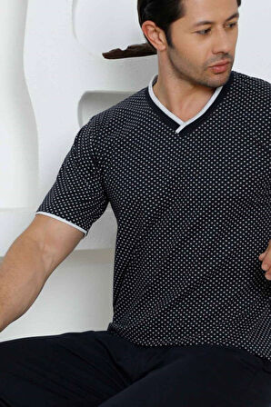 Erkek Desenli V Yaka Düğmesiz %100 Pamuk Kısa Kol Cepli Pijama Takımı