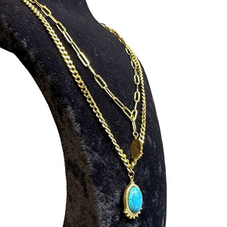 Uretti - İREM 3914 9294 Mavi Taşlı Model İkili Çelik Kolye