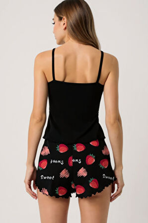Çilek Baskılı Siyah Askılı Şortlu Pijama Takımı