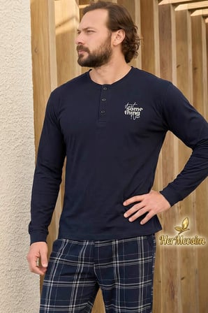 Aydoğan Erkek Pijama Takımı %100 Pamuk Süprem Patlı Yaka Uzun Kol Lacivert Tuna 260538