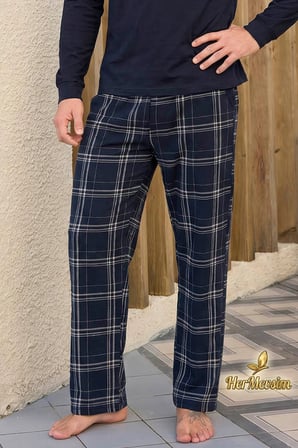 Aydoğan Erkek Pijama Takımı %100 Pamuk Süprem Patlı Yaka Uzun Kol Lacivert Tuna 260538